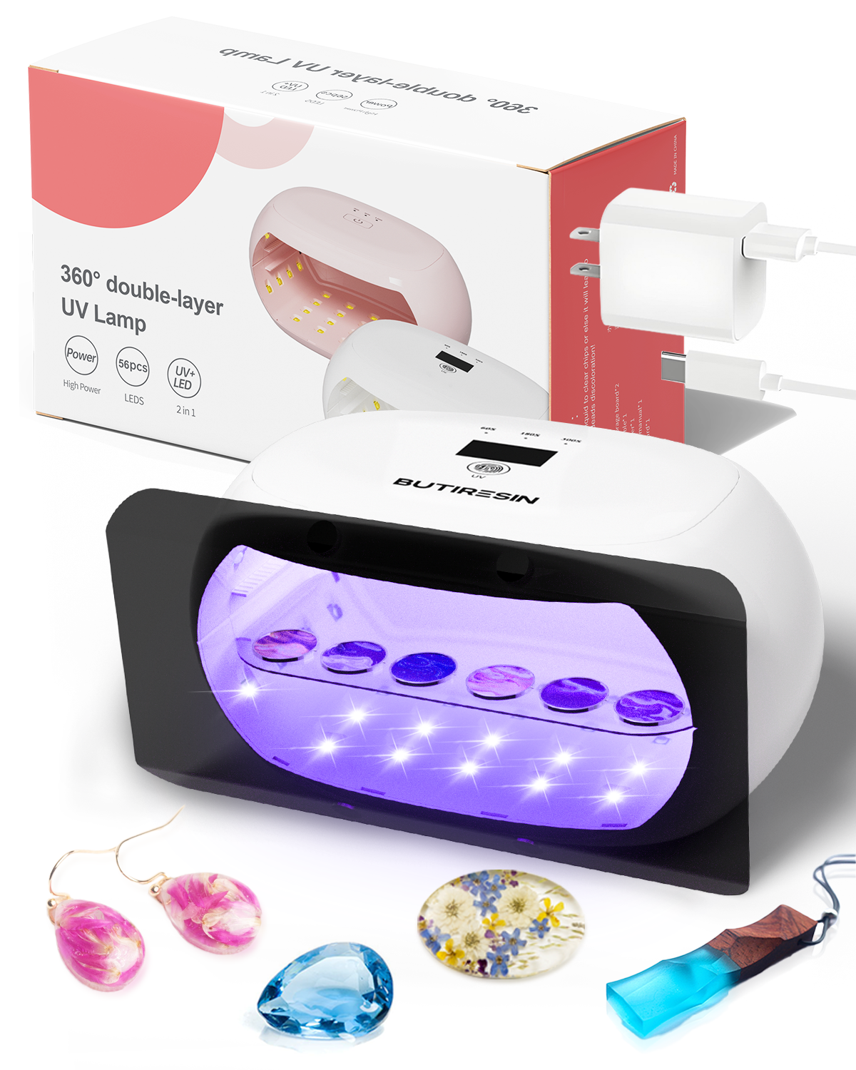 BUTIRESIN【60W 超強力 UVランプ】UV レジン ライト 2in1 - 両面照射、360度光源60W、長時間タイマー設定(60秒・180秒・300秒)、56個のLED搭載、長時間タイマー設定、LED表示画面付き、DIYクラフト レジン専用ライト (白)