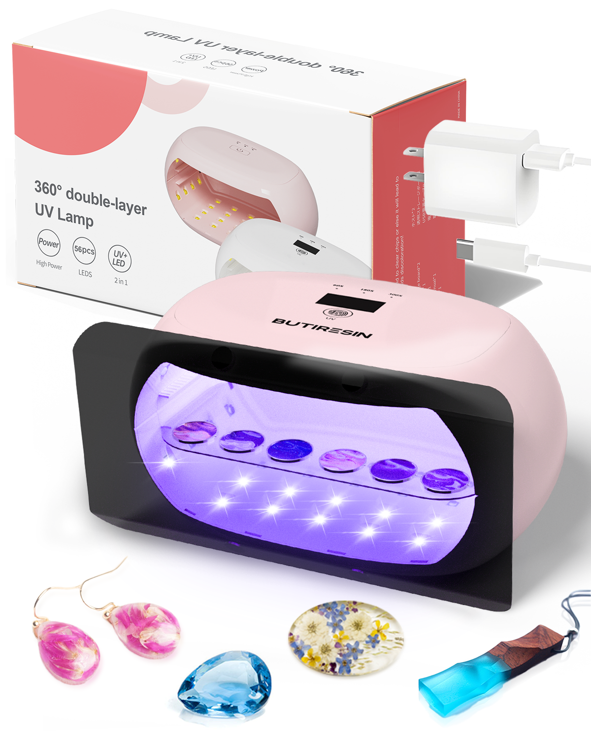 BUTIRESIN【60W 超強力 UVランプ】UV レジン ライト 2in1 - 両面照射、360度光源60W、長時間タイマー設定(60秒・180秒・300秒)、56個のLED搭載、長時間タイマー設定、LED表示画面付き、DIYクラフト レジン専用ライト (ピンク)
