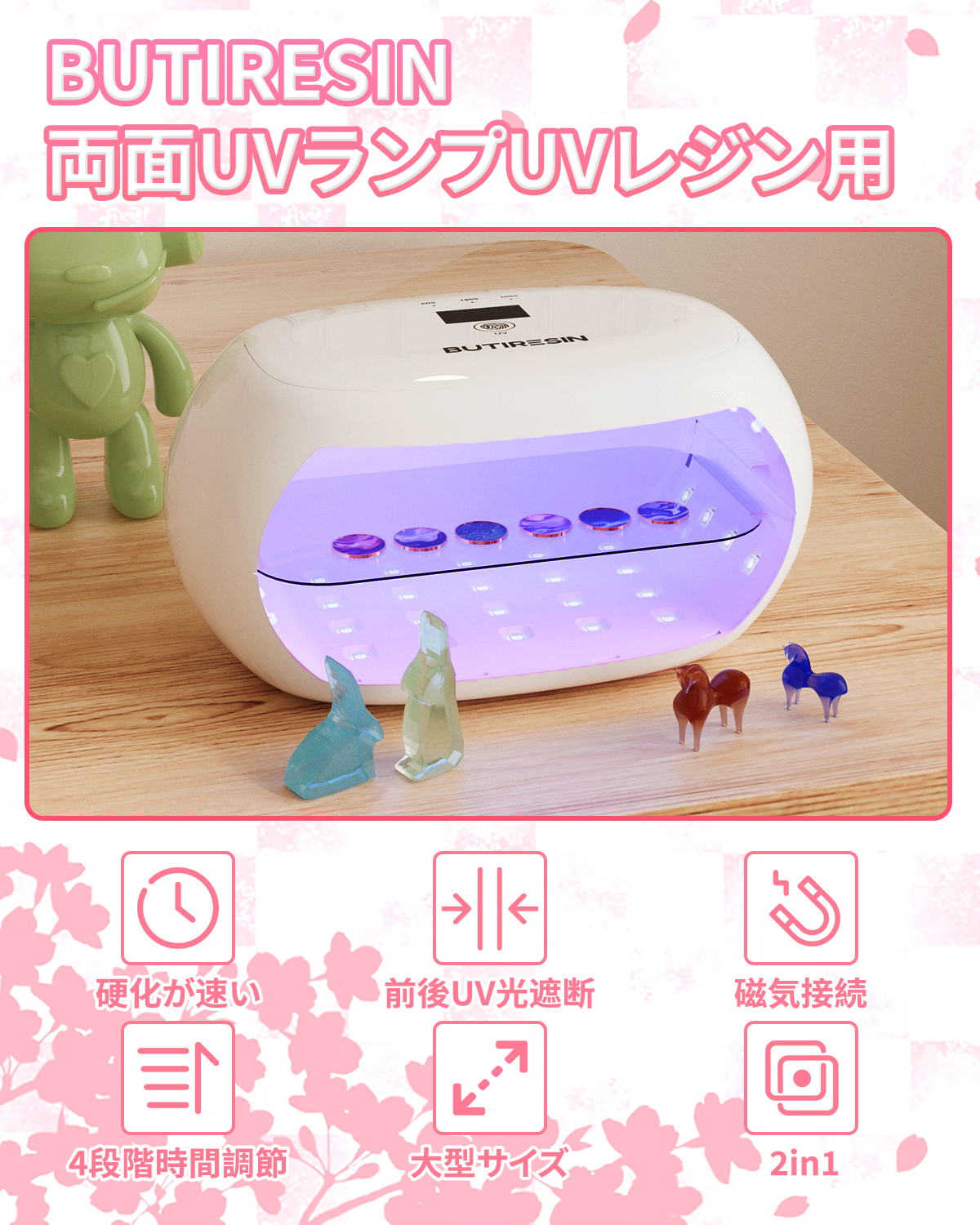BUTIRESIN【60W 超強力 UVランプ】UV レジン ライト 2in1 - 両面照射、360度光源60W、長時間タイマー設定(60秒・180秒・300秒)、56個のLED搭載、長時間タイマー設定、LED表示画面付き、DIYクラフト レジン専用ライト (白)