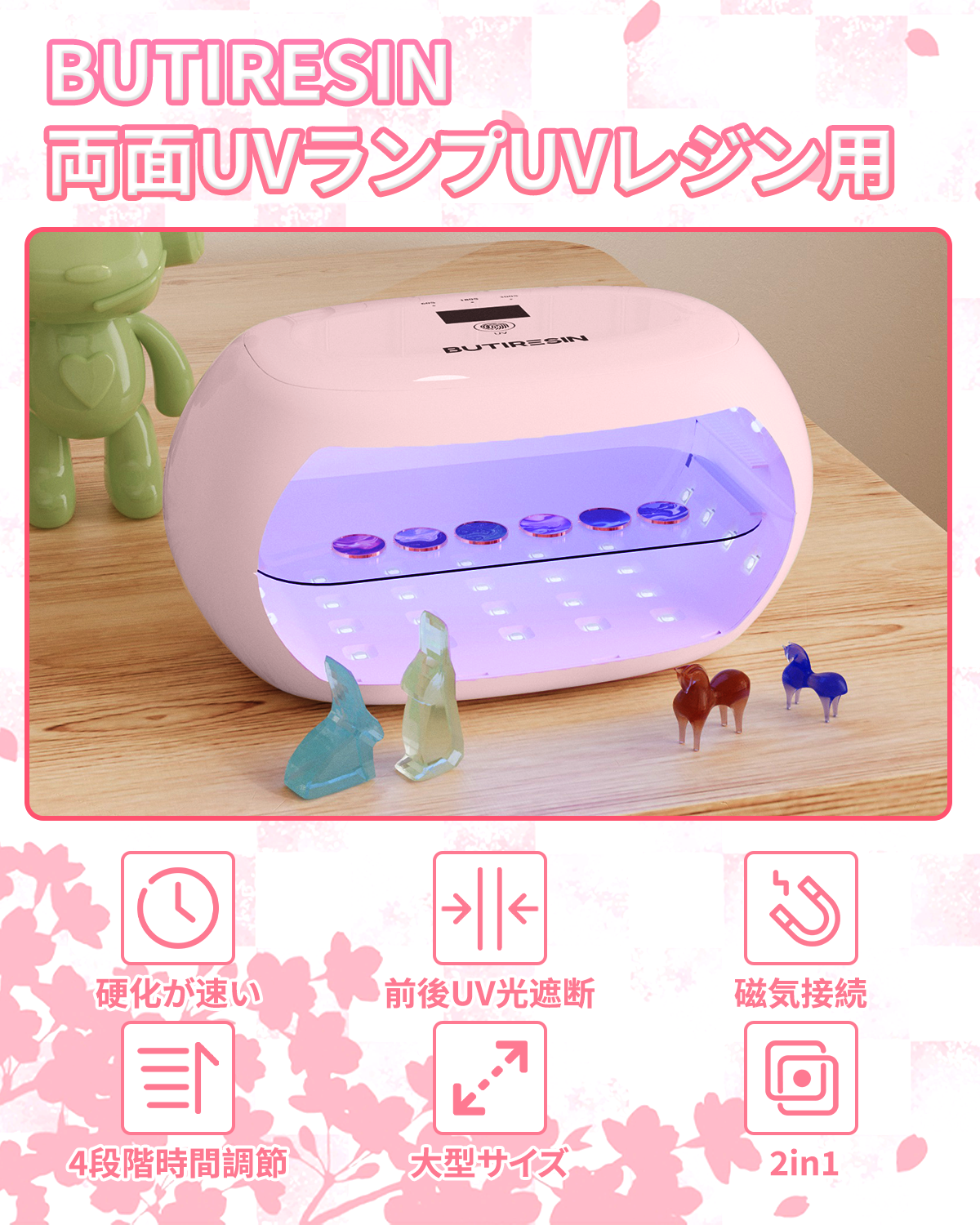 BUTIRESIN【60W 超強力 UVランプ】UV レジン ライト 2in1 - 両面照射、360度光源60W、長時間タイマー設定(60秒・180秒・300秒)、56個のLED搭載、長時間タイマー設定、LED表示画面付き、DIYクラフト レジン専用ライト (ピンク)
