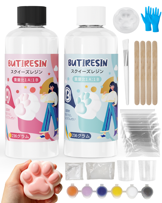 スクイーズレジン （8oz+8oz）大容量スターターキット 1:1 AB混合 レジン液 DIY用 ぷにぷに ストレス解消 初心者向け スクイーズ手作りキット 子供から大人まで楽しめる手芸用品 日本語説明書付き - ButiResin