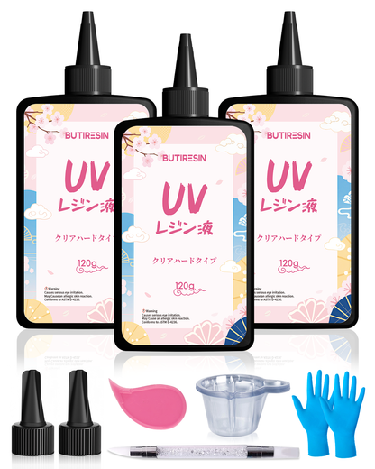 BUTIRESIN UVレジン液 360g レジン液 大容量 高い透明 急速に硬化  詰替用 クリアハードタイプ  幅広い用途とDIY 操作アクセサリが付属