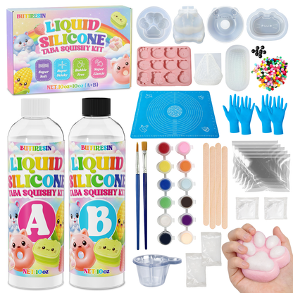 スクイーズ手作りキット スクイーズレジン（10oz+10oz）大容量 AB液セット 1:1配合 DIY 初心者向け 7種類以上のモールドと材料付き オリジナル作品作りを楽しめるDIYセット ふわふわもちもちの感触でハンドメイドやプレゼントにもおすすめ
