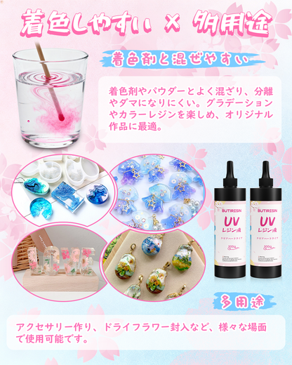 BUTIRESIN UVレジン液 1000g レジン液 大容量 高い透明 急速に硬化  詰替用 クリアハードタイプ  幅広い用途とDIY 操作アクセサリが付属