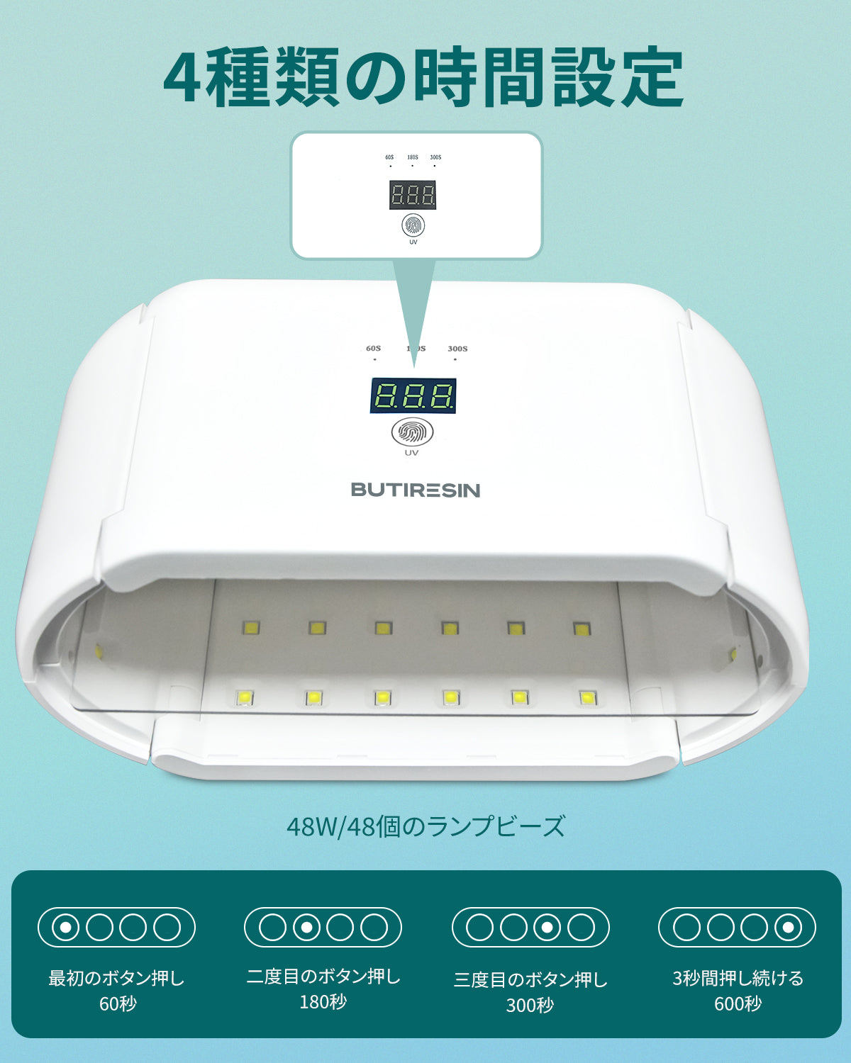 BUTIRESIN UVライト アドバンス 2 in 1 両面長時間設定 (60 秒、180 秒、300 秒) 48 個の LED 48W 付き UV 樹脂ライト 360 度サラウンド光源 樹脂硬化用大型 UV ランプ DIY クラフト装飾 ジュエリー作り 分割使用可能 デジタル表示タイマー(アップグレード版) - ButiResin