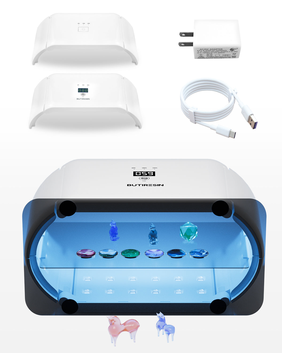 BUTIRESIN UVライト アドバンス 2 in 1 両面長時間設定 (60 秒、180 秒、300 秒) 48 個の LED 48W 360 度サラウンド光源 樹脂硬化用大型 UV ランプ DIY クラフト装飾 ジュエリー作り 分割使用可能 デジタル表示タイマー(バイザーが付属しています) - ButiResin