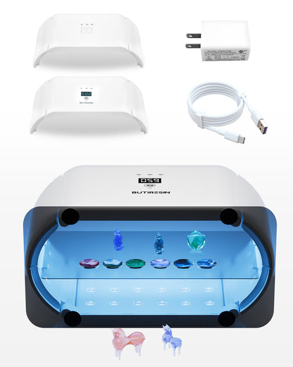 BUTIRESIN UVライト アドバンス 2 in 1 両面長時間設定 (60 秒、180 秒、300 秒) 48 個の LED 48W 360 度サラウンド光源 樹脂硬化用大型 UV ランプ DIY クラフト装飾 ジュエリー作り 分割使用可能 デジタル表示タイマー(バイザーが付属しています) - ButiResin
